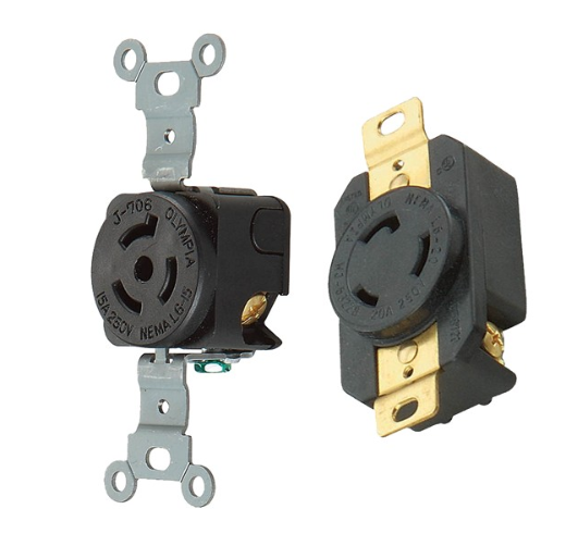Twist Lock Wall Mount Receptacles - 2 Pole 3 Wire 15A 
