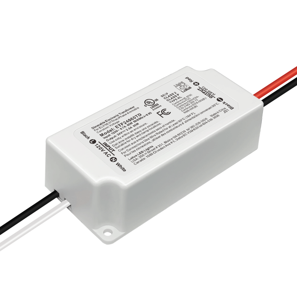 24V DC 60W Mini Electronic Transformer 2.5A Triac Dimmable 120VAC input UL Class 2 Type HL Constant Voltage