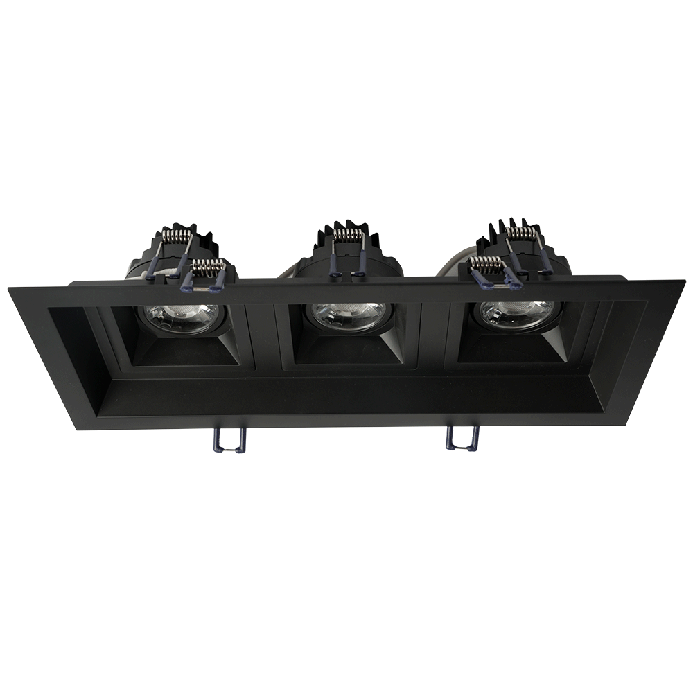 Lotus LED Lights Multi 3 Head Fixture - 3 inch Square Regressed Gimbal LED High Output - Dim to Warm - Black Head - Black Trim