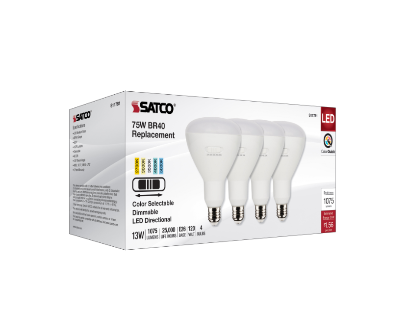 Satco S11781 13W BR40 LED Bulb – 5CCT Dimmable, 4-Pack (E26 Base)