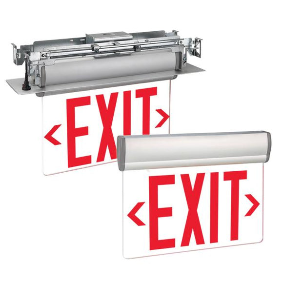 Exitronix S900U-LB-SR-R-AG - Edge-lit EXIT - Single and Double-face Panels - Red Letters - Less Battery - Brushed Aluminum Finish