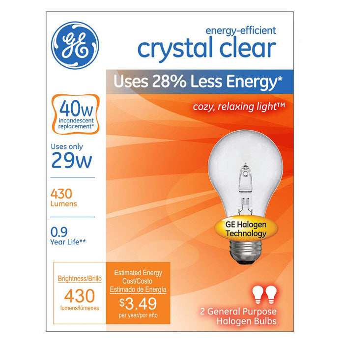 GE 78795 Crystal Clear 29W Halogen E26 Base A19 Light Bulbs - Pack of 2