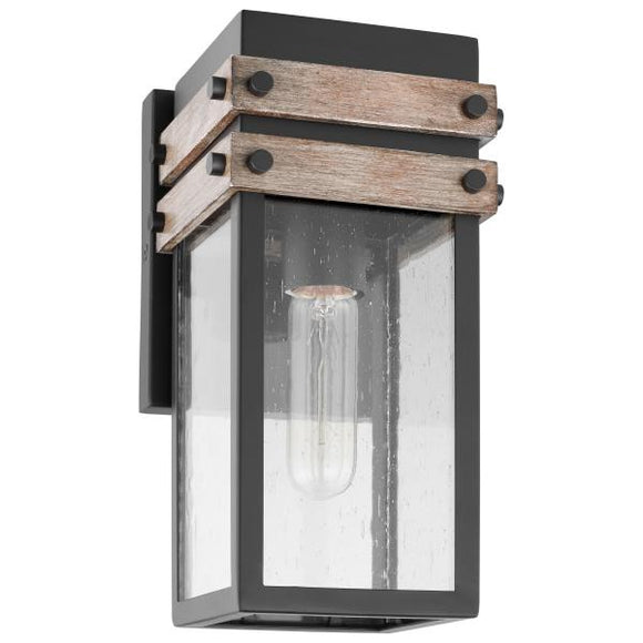 Satco 60/7540 Homestead - 1 Light - Small Wall Lantern - Matte Black & Wood Finish with Clear Seeded Glass