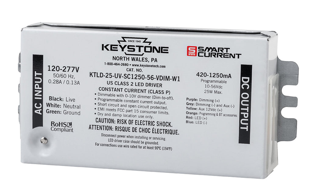 Keystone KTLD-25-UV-SC1250-56-VDIM-W1 LED Driver - 25W - 120-277V Input - 420-1250mA Programmable Output Current