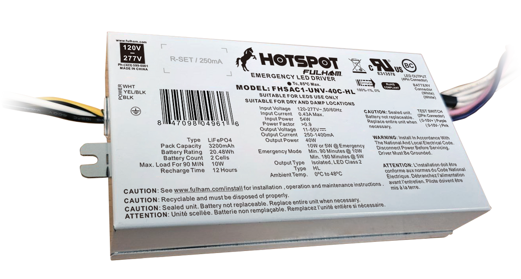 Fulham FHSAC1-UNV-40C-HL HotSpot Plus Emergency LED Driver Constant Current Programable - Up to 40 Watt - Universal Voltage 120-277V