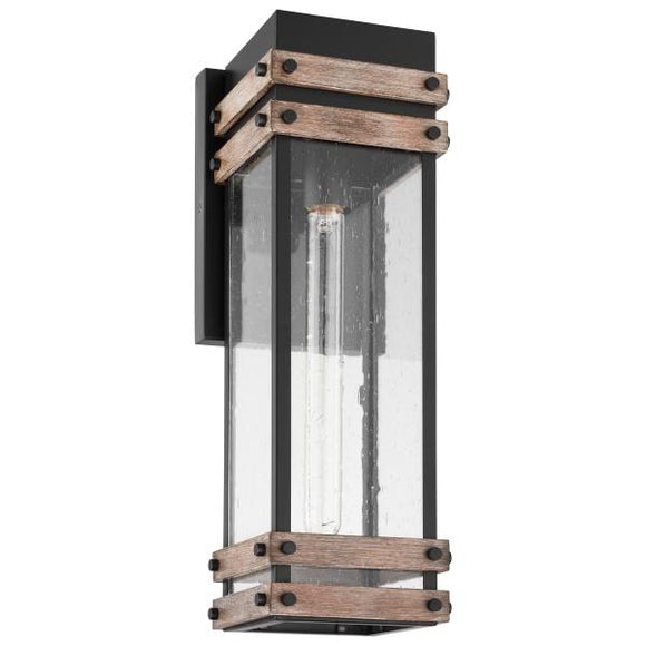 Satco 60/7542 Homestead - 1 Light - Large Wall Lantern - Matte Black & Wood Finish with Clear Seeded Glass