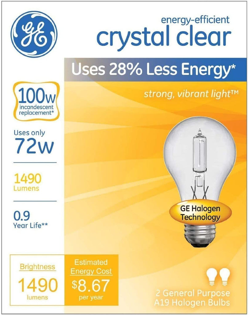 GE 78798 Crystal Clear 72W Halogen E26 Base A19 Light Bulbs - Pack of 2