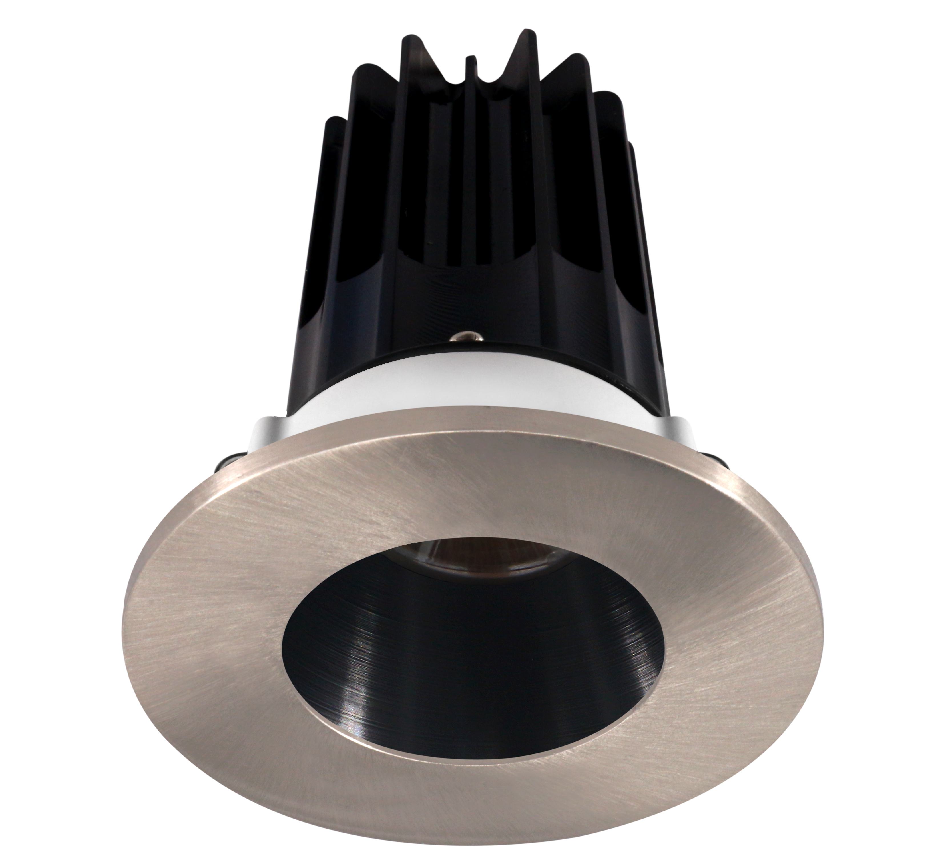 2 Inch Recessed LED Downlight - 8 Watt - 2700 Kelvin - 580 Lumen - Black Reflector - Round Brushed Nickel Trim - 38 Degree Beam Angle - Type IC Damp - Air-Tight - Energy Star - T24 - CRI 90+