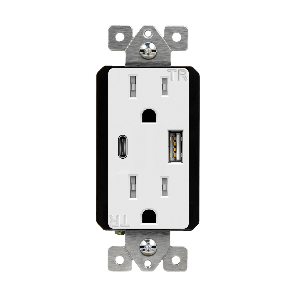 Enerlites 61501-TR2USB3-1A1C-W Type-A/C USB Charger with 15A Duplex Tamper-Resistant Receptacles - White