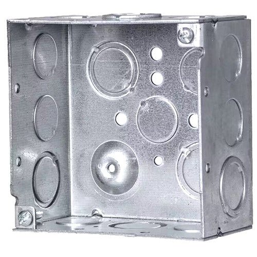 M189W 4" x 4" x 1-1/2" Welded Metal Box With Concentric  1/2" & 3/4" Knockouts and Raised Ground