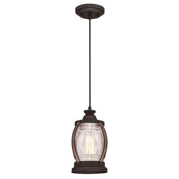 Westinghouse 6361700 One Light Mini Pendant, Oil Rubbed Bronze Finish with Barnwood Accents Clear Seeded Glass