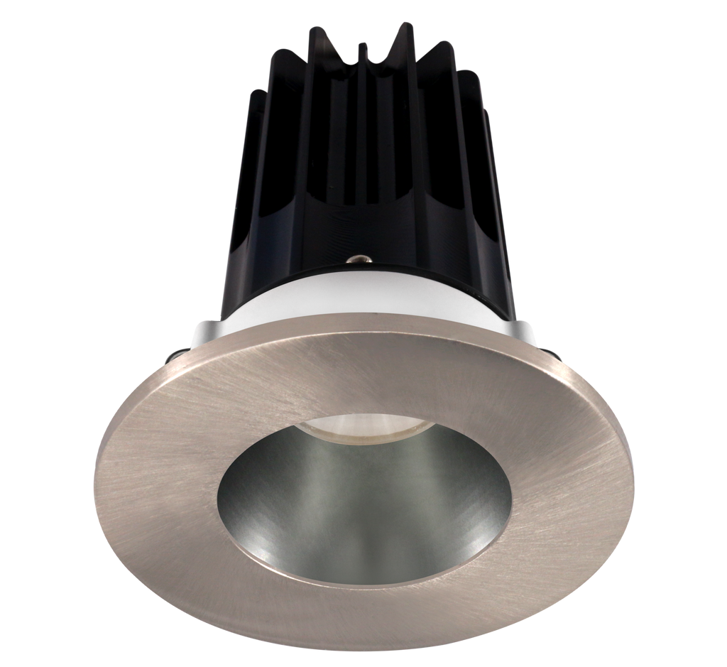 2 Inch Recessed LED Downlight - 8 Watt - 3000 Kelvin - 600 Lumen - Chrome Reflector - Round Brushed Nickel Trim - 38 Degree Beam Angle - Type IC Damp - Air-Tight - Energy Star - T24 - CRI 90+