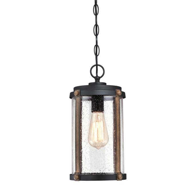 Westinghouse 6358900 One Light Pendant, Textured Black Finish with Barnwood Accents, Clear Seeded Glass