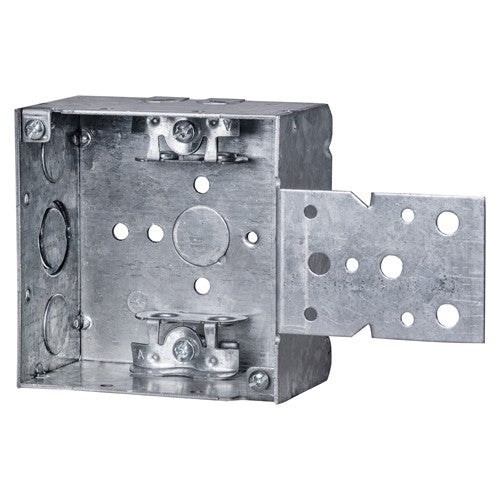 Morris Products M249W 4" x 4" x 2-1/8" Welded Metal Box With Concentric 1/2" & 3/4" Knockouts, MC Clamp, and Front Bracket