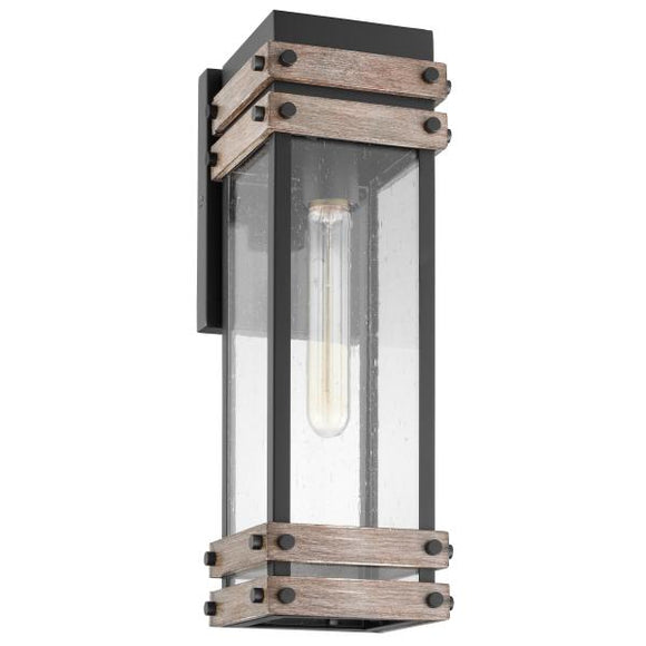 Satco 60/7541 Homestead - 1 Light - Medium Wall Lantern - Matte Black & Wood Finish with Clear Seeded Glass