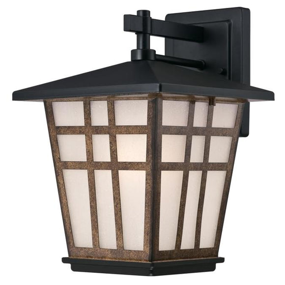 Westinghouse 6358200 One Light Wall Fixture Lantern, Matte Black Finish with Barnwood Accents Frosted Seeded Glass