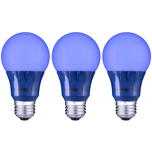 Sunlite 40450-SU LED A19 Colored Light Bulb - 3 Watts (25w Equivalent) - E26 Medium Base - Non-Dimmable - UL Listed - Blue 3 Pack