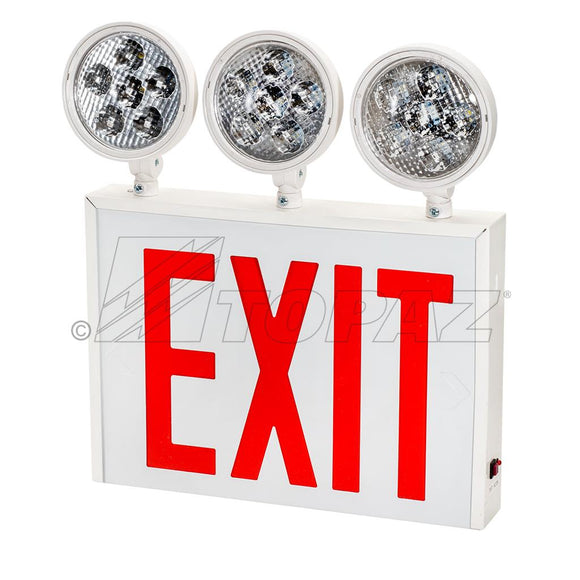 Topaz ESC/LED/RW-NYC - LED Exit & Emergency Combo - NYC Approved - 3 Lamp Heads/ 1 Watt Per Head - Red Letters -20 Gauge Steel White Housing - Single/Double - 120/277 Volt
