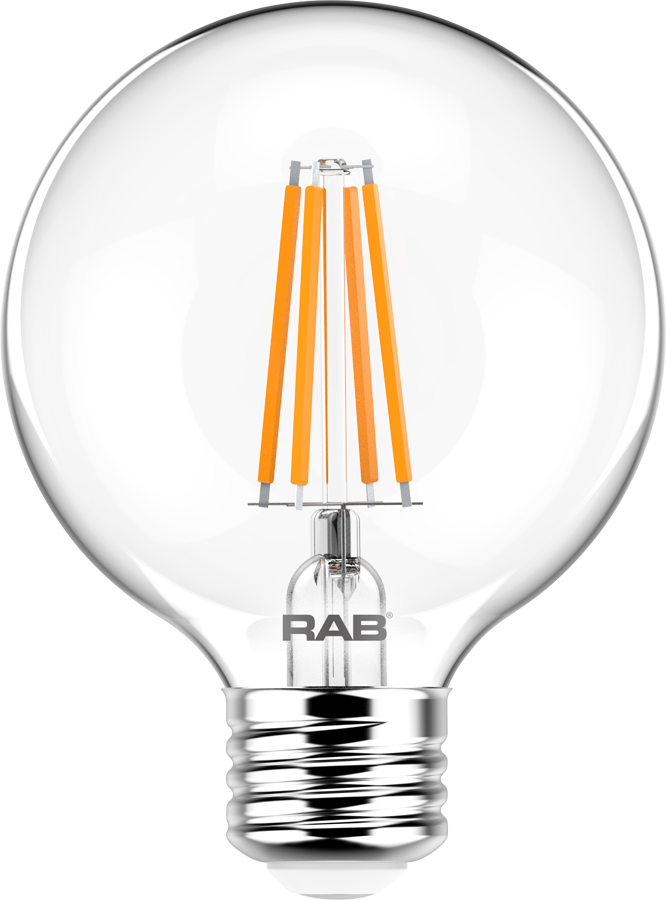 RAB G25-3-E26-927-F-C, FILAMENT G25 3.8W 40EQ 350LM E26 CRI90 2700K DIM CLEAR