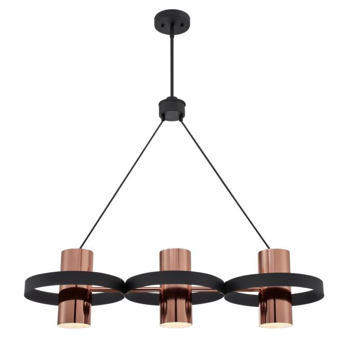Westinghouse 6368900 Three Light Chandelier - Matte Black Finish - Copper Shades