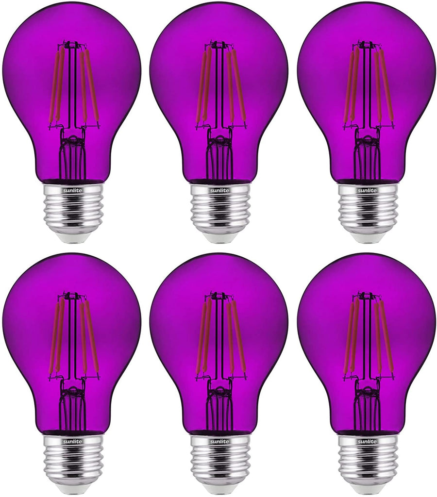 Sunlite 40945-SU - LED Filament A19 Standard 4.5-Watt (60 Watt Equivalent) Colored Transparent Dimmable Light Bulb, Purple, 6 Pack