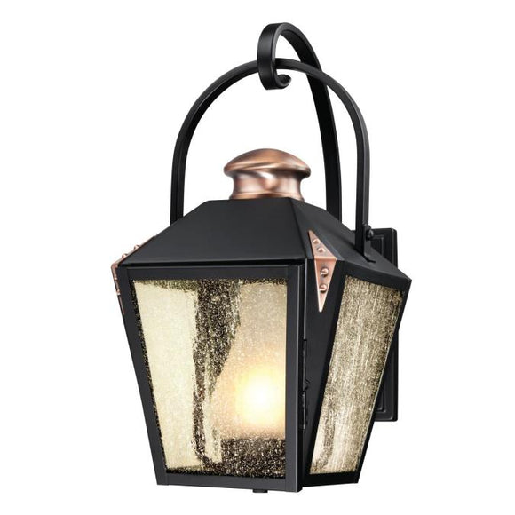 Westinghouse 6312300 One Light Wall Fixture Lantern - Matte Black Finish with Copper Accents Clear Seeded Glass