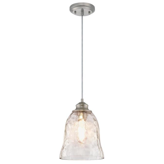 Westinghouse 6105800 One Light Mini Pendant Brushed Nickel Finish Clear Hammered Glass